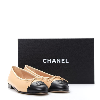 Chanel Lambskin Cap Toe CC Ballerina Flats 36.5 Beige Black 11 of 12
