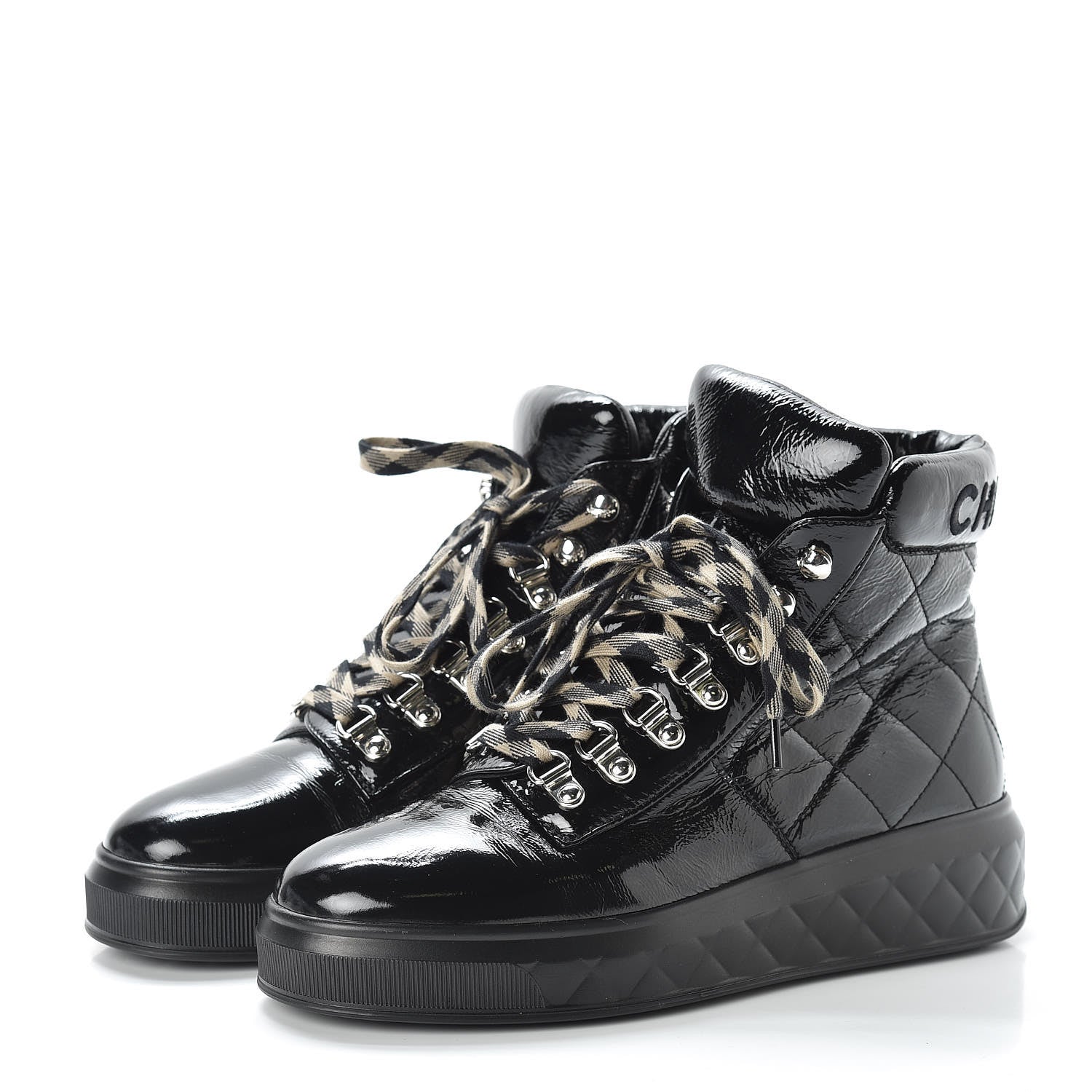 Chanel Patent Calfskin Quilted Womens High Top Sneakers 37.5 Black 3 of 7