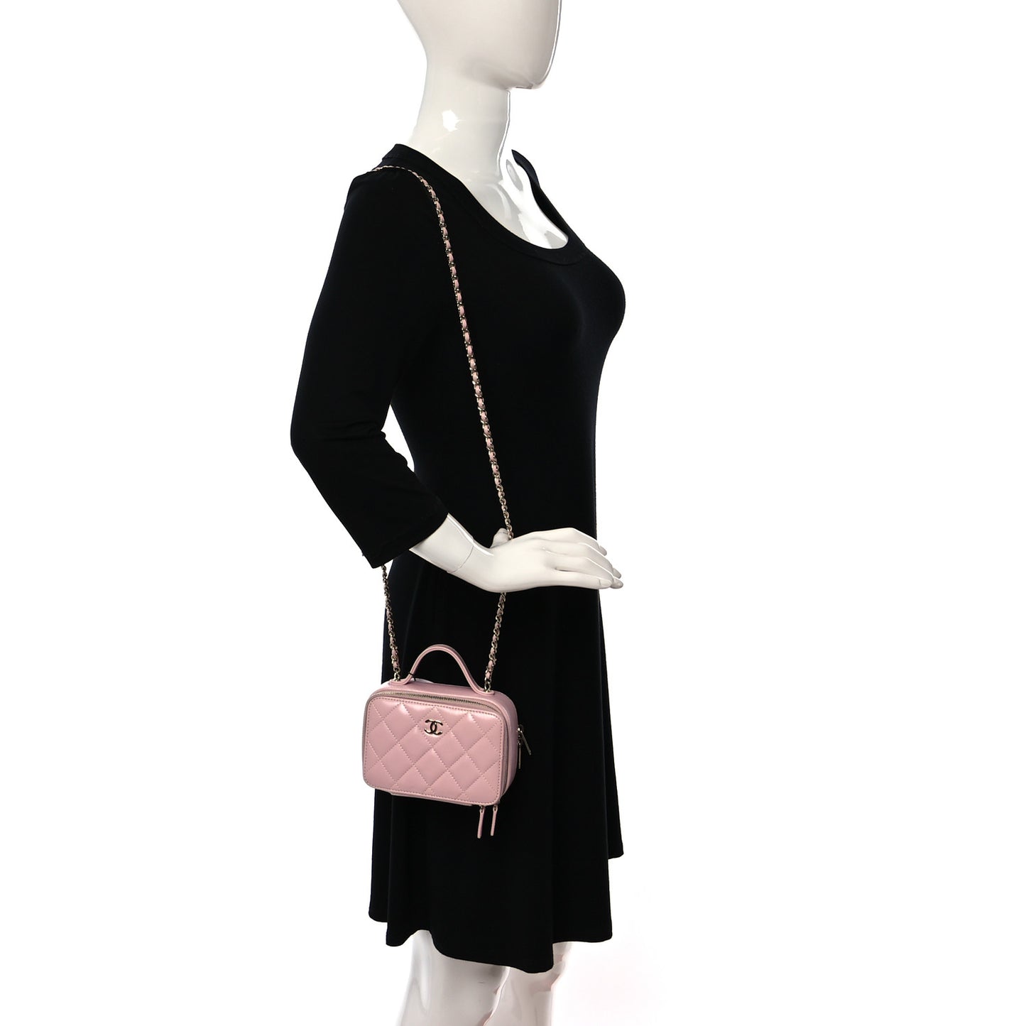 Glazed Calfskin Quilted Small Top Handle Vanity Case Light Pink