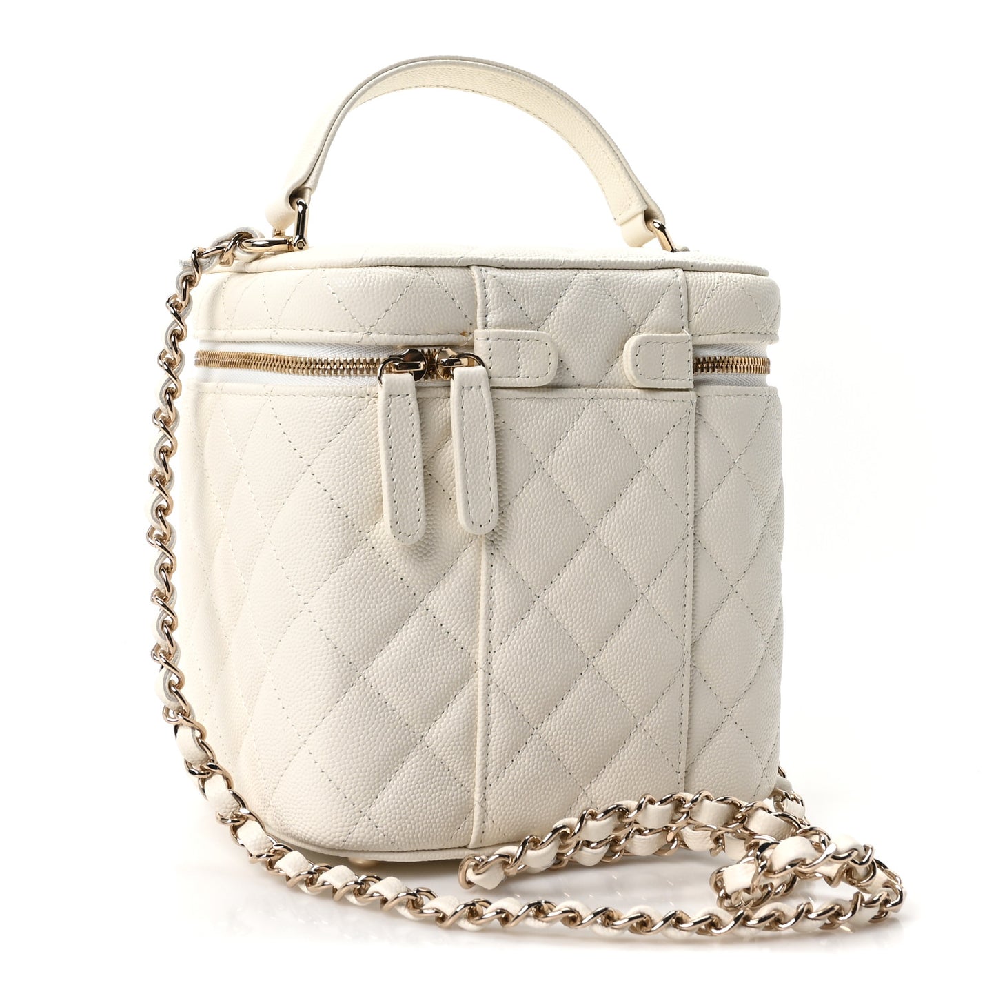 Caviar Quilted Small Top Handle Vanity Case With Chain White