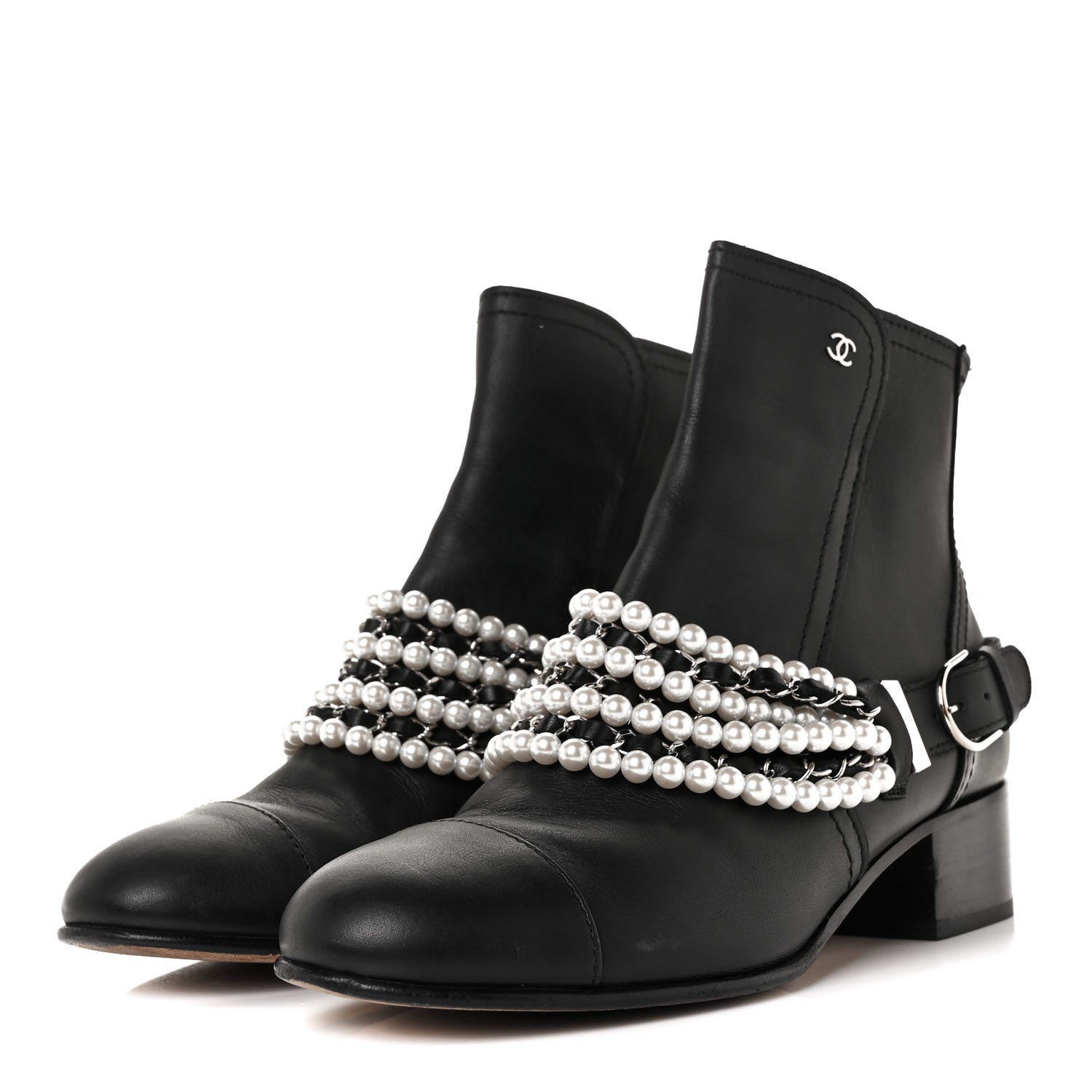 Chanel Calfskin Pearl Cap Toe Short Boots 41 Black 3 of 7