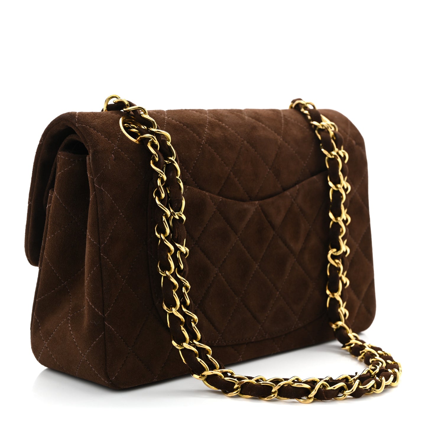 Suede Quilted Small Double Flap Dark Brown
