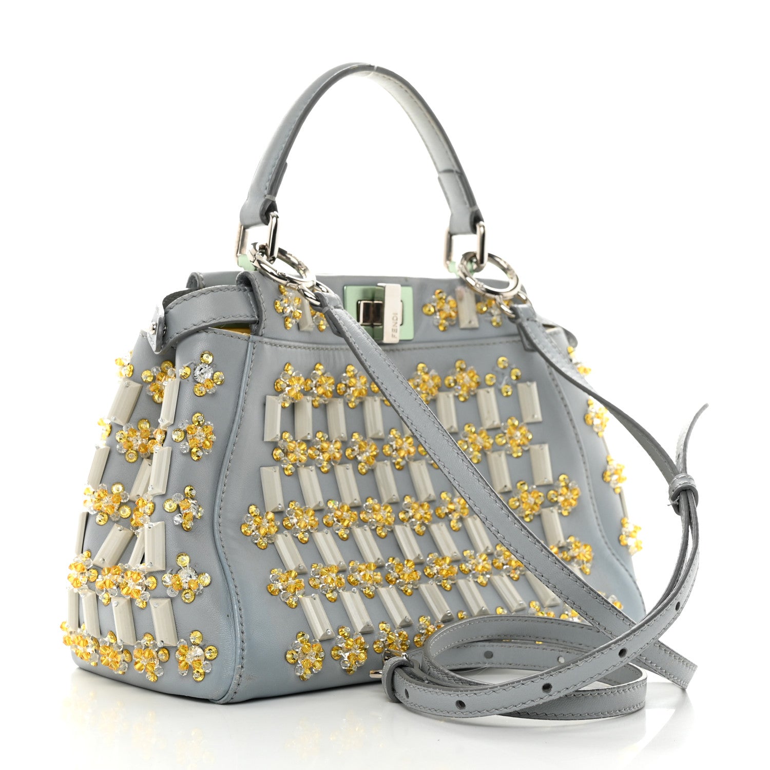 Fendi Goatskin Embellished Peekaboo Iconic Satchel Light Blue 3 of 13