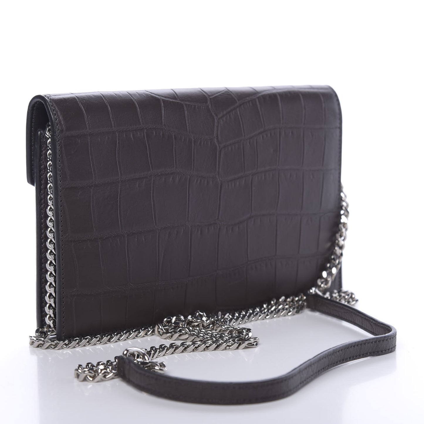 Calfskin Crocodile Embossed Monogram Chain Wallet Dark Anthracite