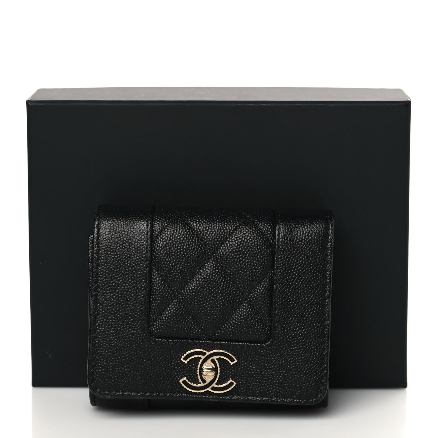 Caviar Quilted Mademoiselle Vintage Compact Flap Wallet Black