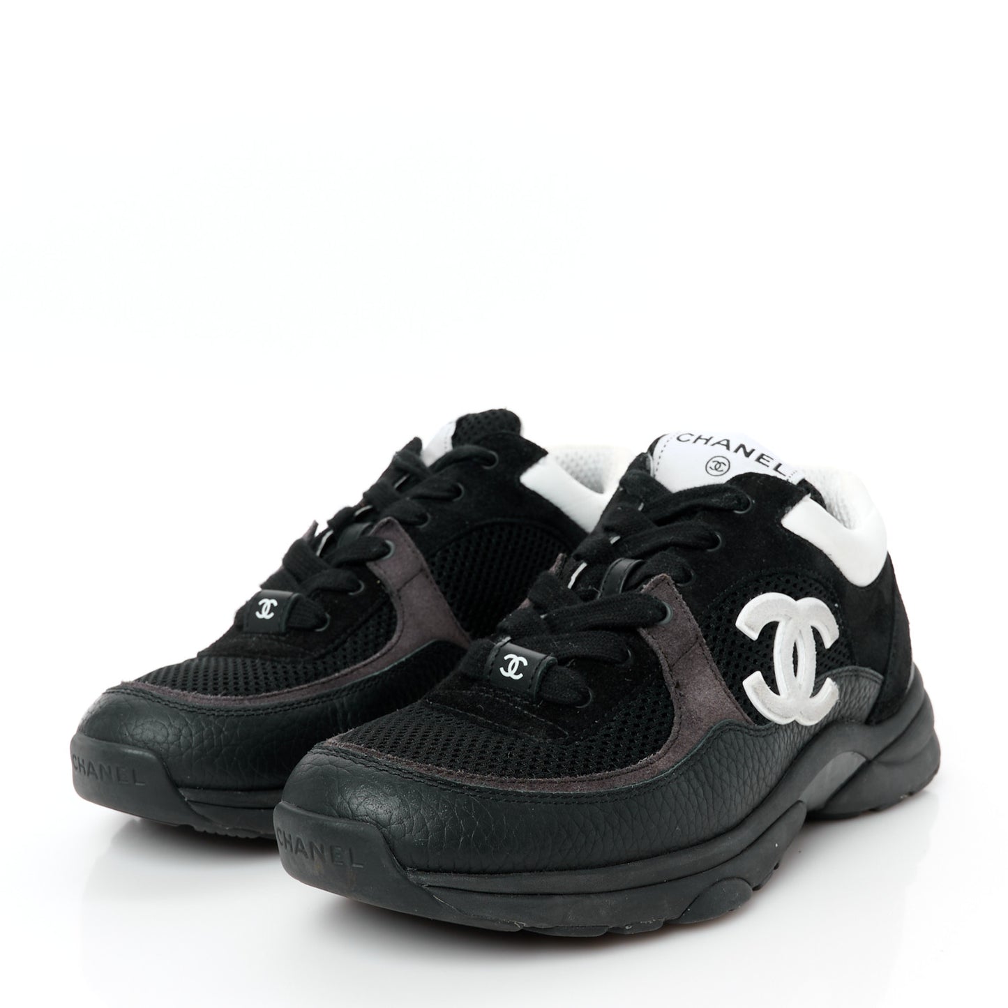 Mesh Suede Grained Calfskin Womens CC Sneakers 37.5 Black White