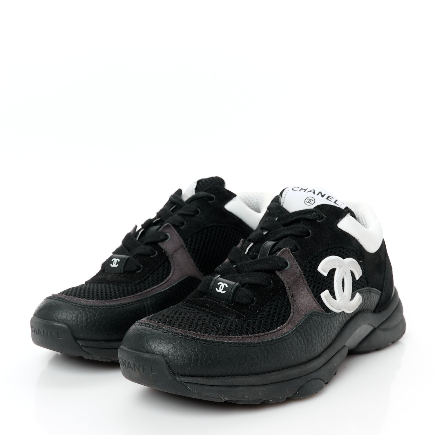 Chanel Mesh Suede Grained Calfskin Womens CC Sneakers 37.5 Black White 4 of 10