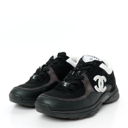 Chanel Mesh Suede Grained Calfskin Womens CC Sneakers 37.5 Black White 4 of 10