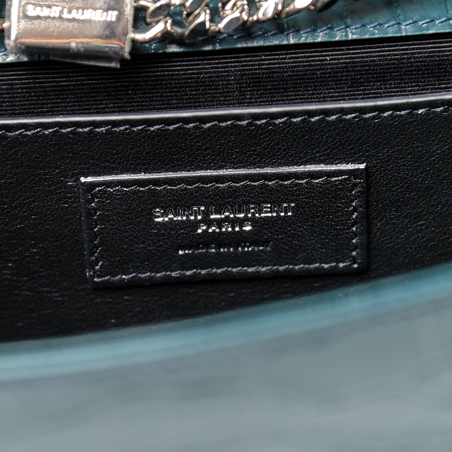 Saint Laurent Calfskin Crocodile Embossed Medium Classic Monogram Kate Tassel Satchel Dark Green 8 of 8