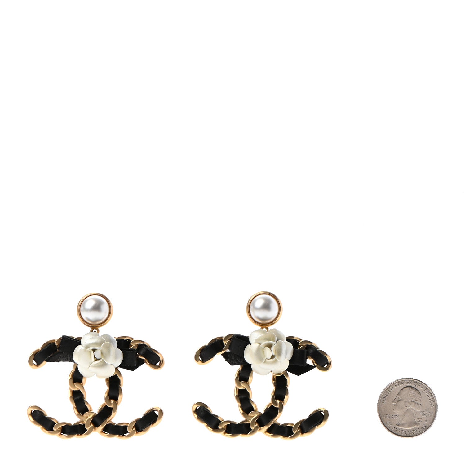 Chanel Calfskin Lambskin Pearl Camellia CC Earrings Gold Black 2 of 5