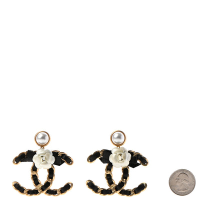 Chanel Calfskin Lambskin Pearl Camellia CC Earrings Gold Black 2 of 5
