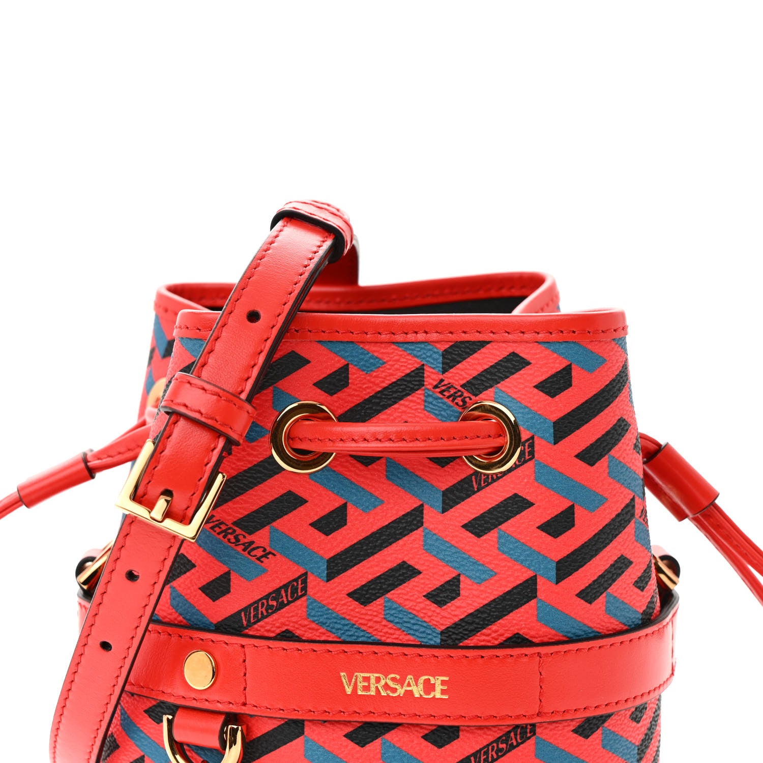 Versace Coated Canvas Calfskin La Greca Signature Mini Bucket Bag Blue Red 8 of 10