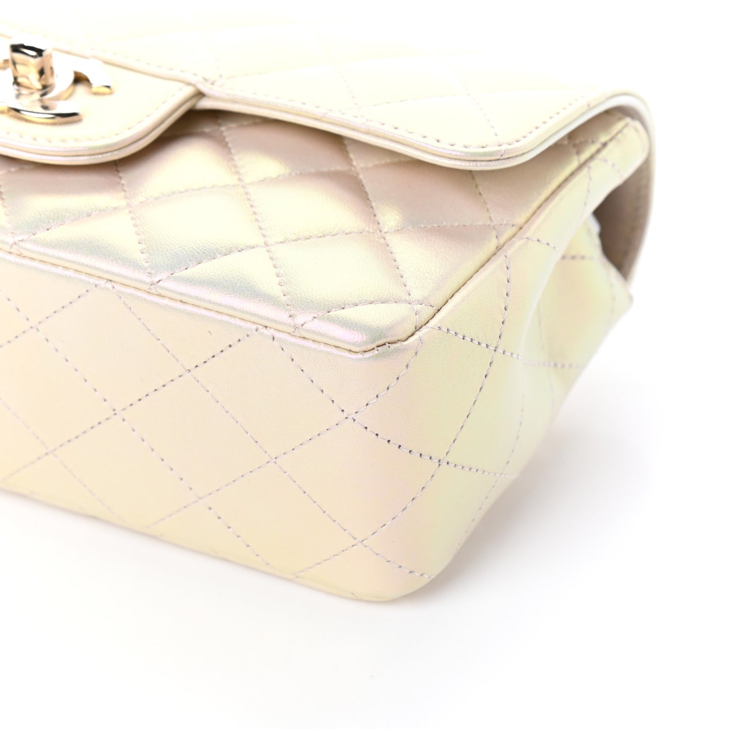 Iridescent Lambskin Quilted Mini Rectangular Flap Ivory