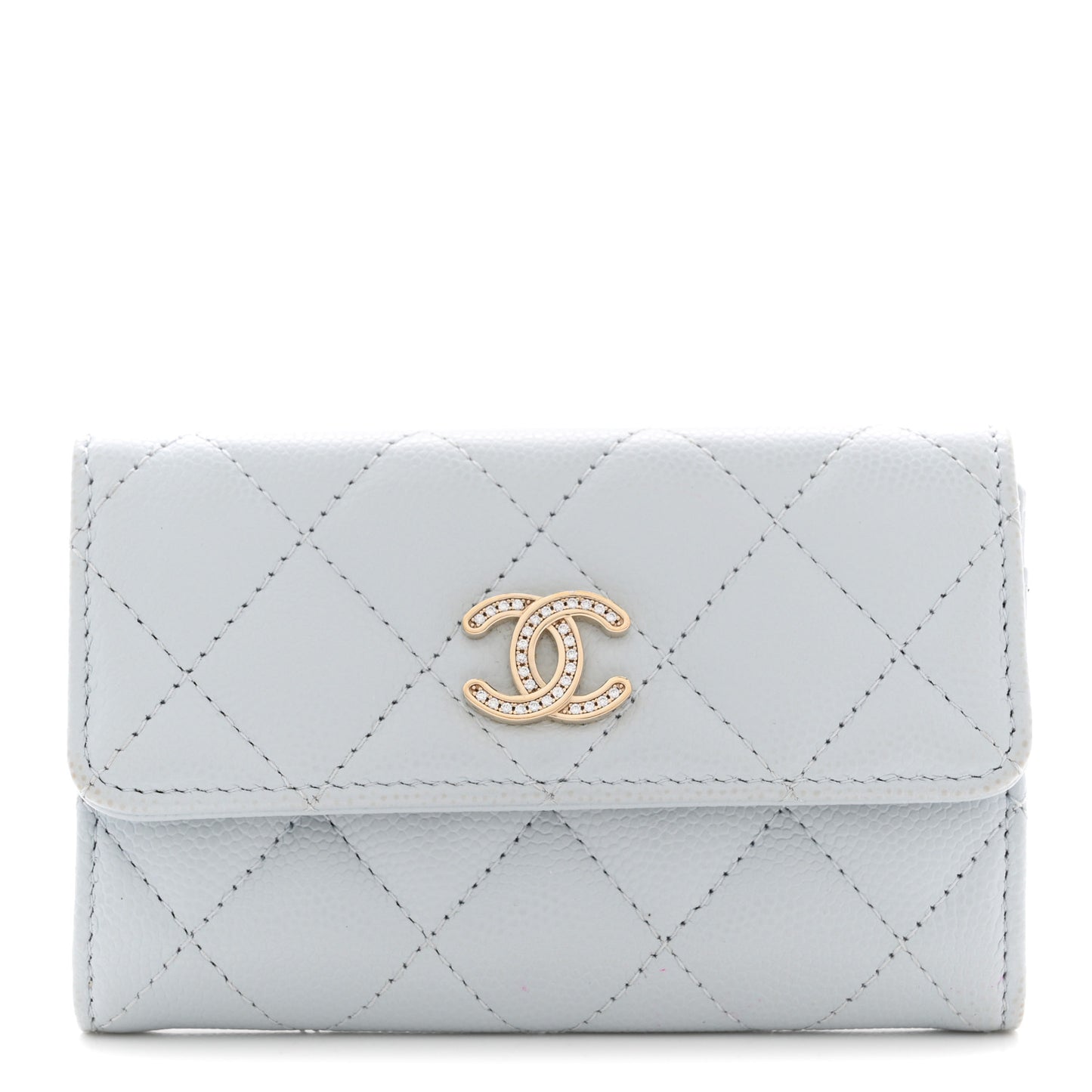Caviar Quilted Crystal CC Flap Card Holder Light Blue