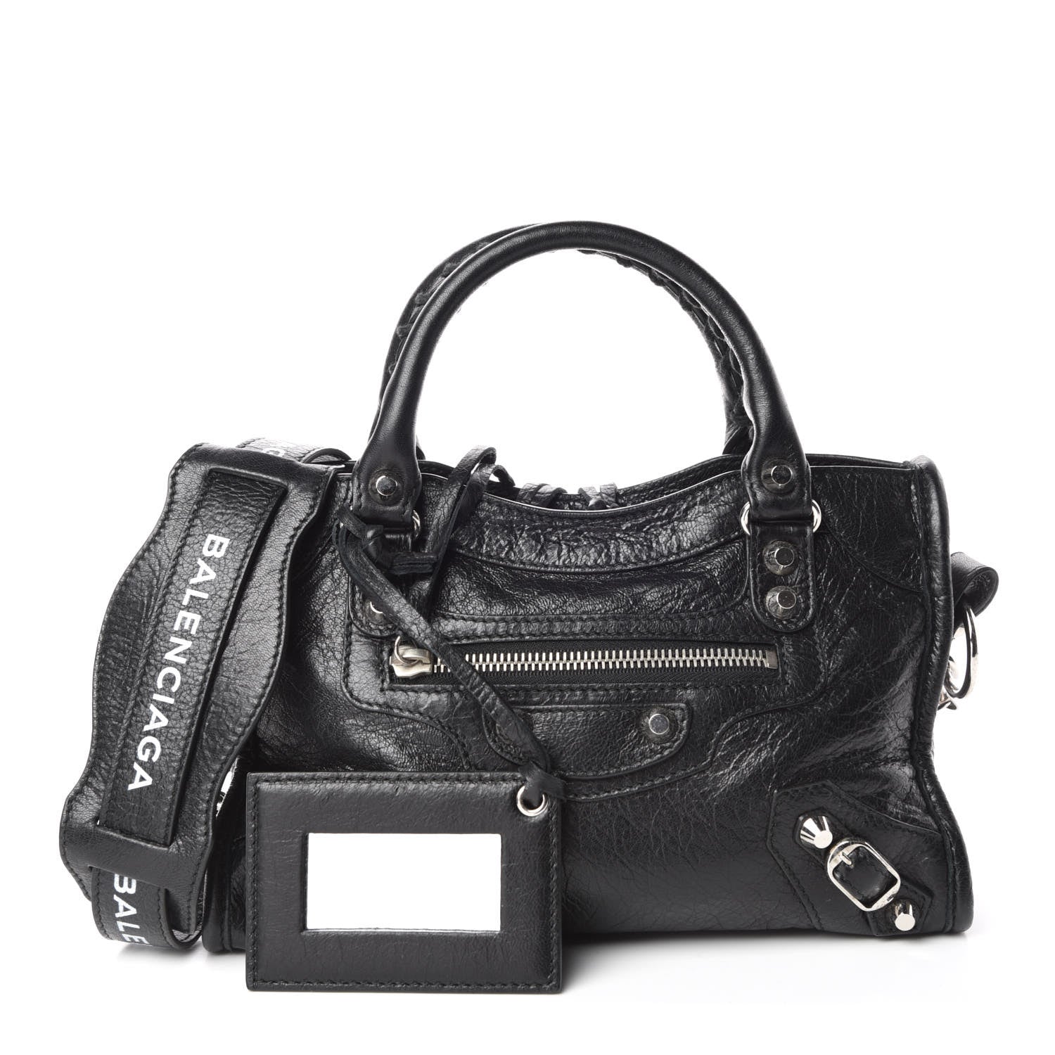 Balenciaga Agneau Classic Silver Hardware Mini City Logo Strap Black White 1 of 14
