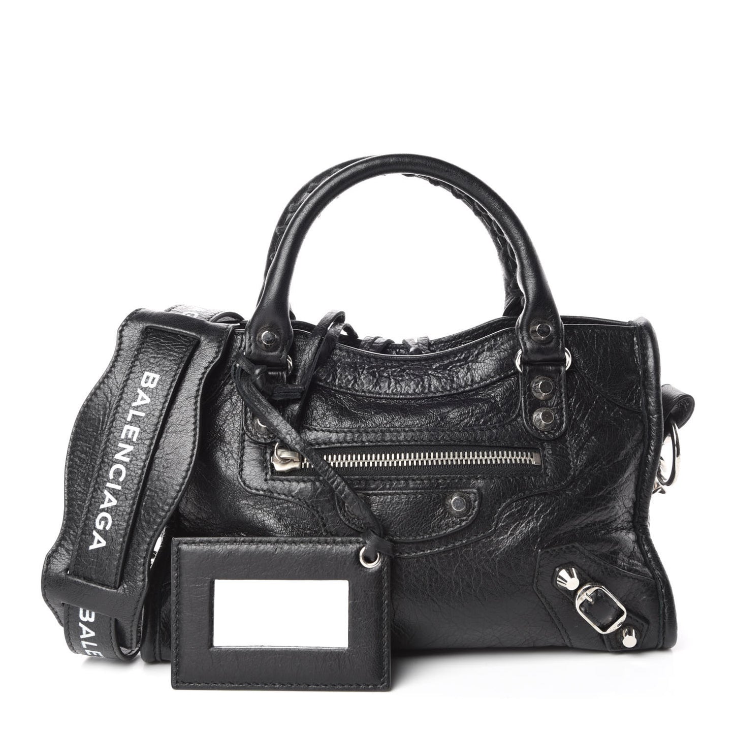 Agneau Classic Silver Hardware Mini City Logo Strap Black White