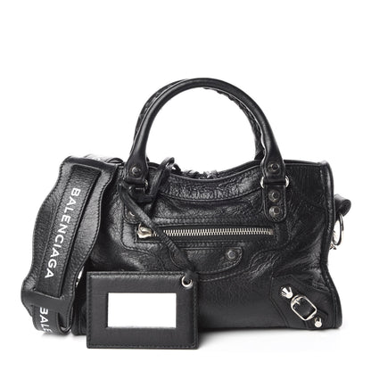 Balenciaga Agneau Classic Silver Hardware Mini City Logo Strap Black White 1 of 14