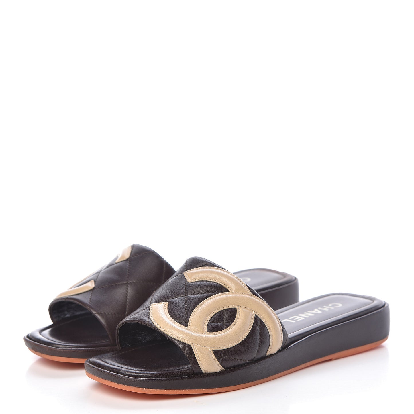 Calfskin Cambon CC Flat Slide Sandals 37 Dark Brown