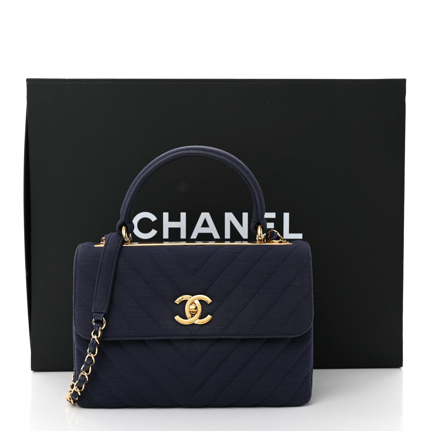 Jersey Chevron Quilted Small Trendy CC Dual Handle Flap Bag Navy Blue
