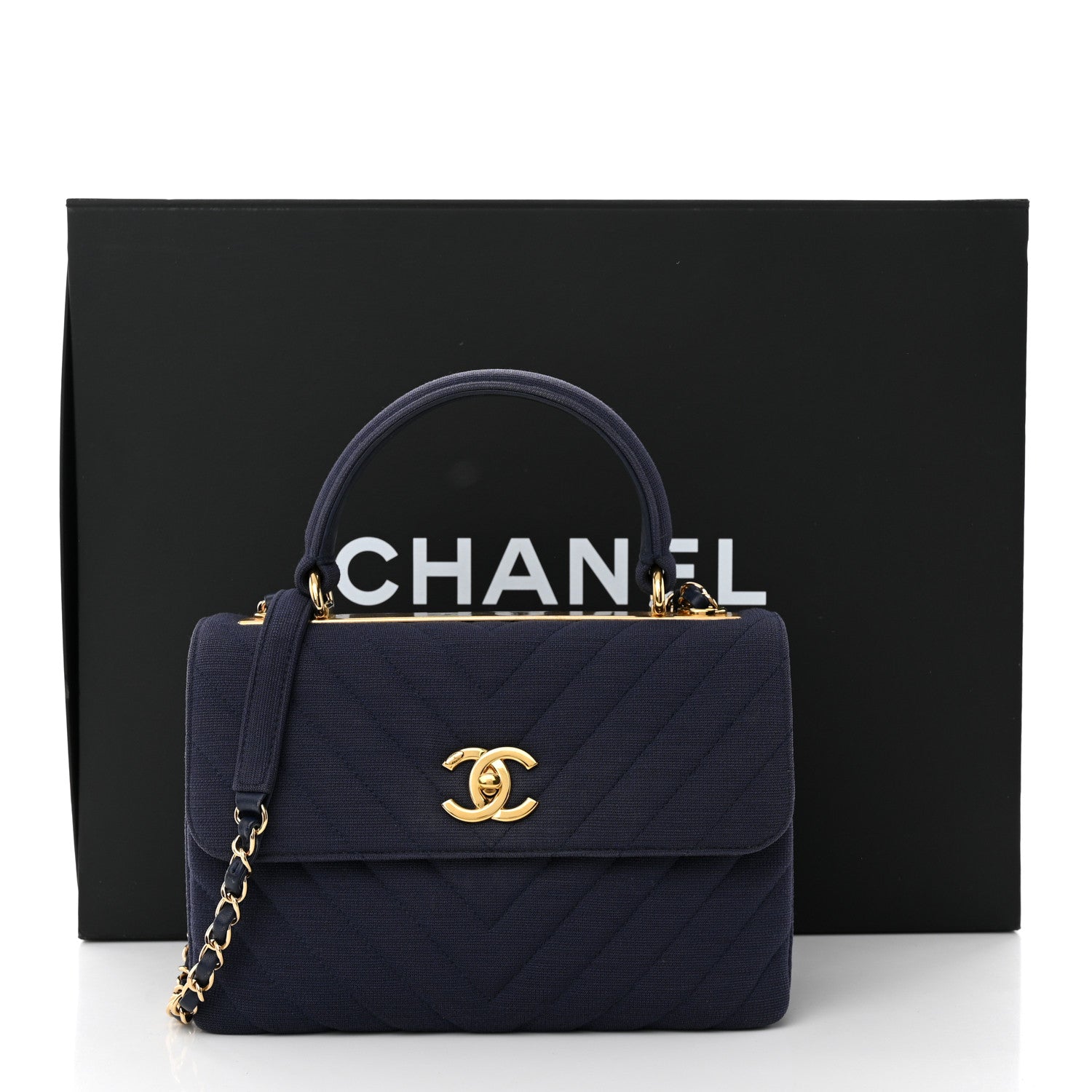 Chanel Jersey Chevron Quilted Small Trendy CC Dual Handle Flap Bag Navy Blue 14 of 14