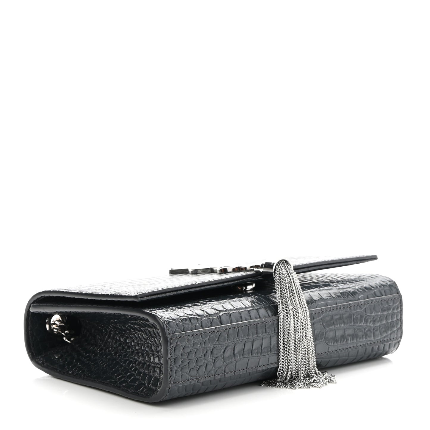 Calfskin Crocodile Embossed Small Classic Monogram Kate Tassel Satchel Smog