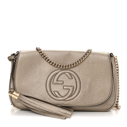 Gucci Metallic Pebbled Calfskin Medium Soho Flap Crossbody Golden Beige 1 of 10
