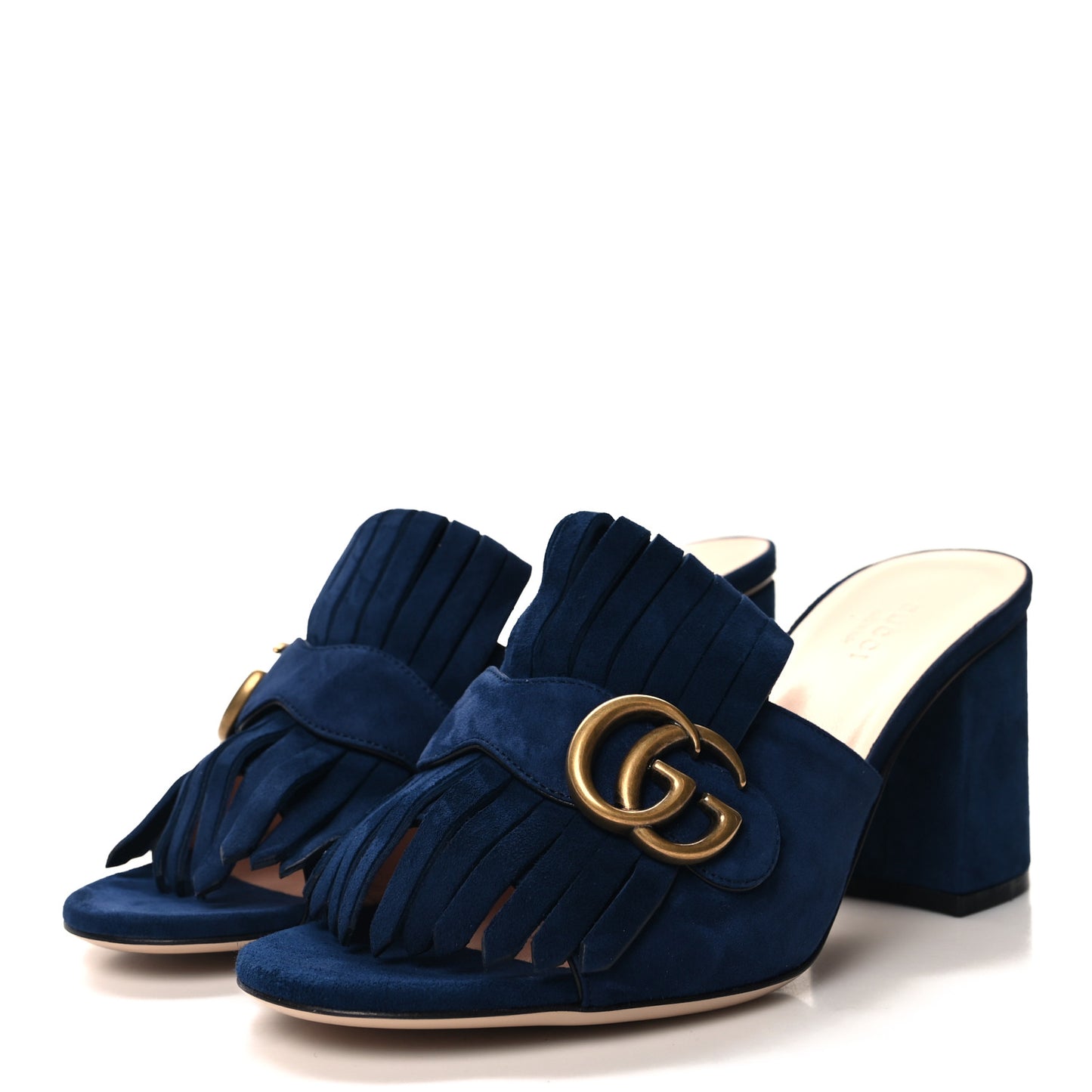 Kid Scamosciato GG Marmont Fringe 75mm Slide Sandals 38.5 Blue Ink