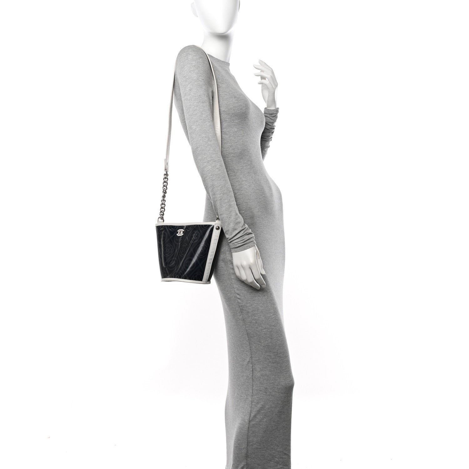 Chanel Crumpled Calfskin PVC Camellia Coco Bucket Bag Black White 2 of 13
