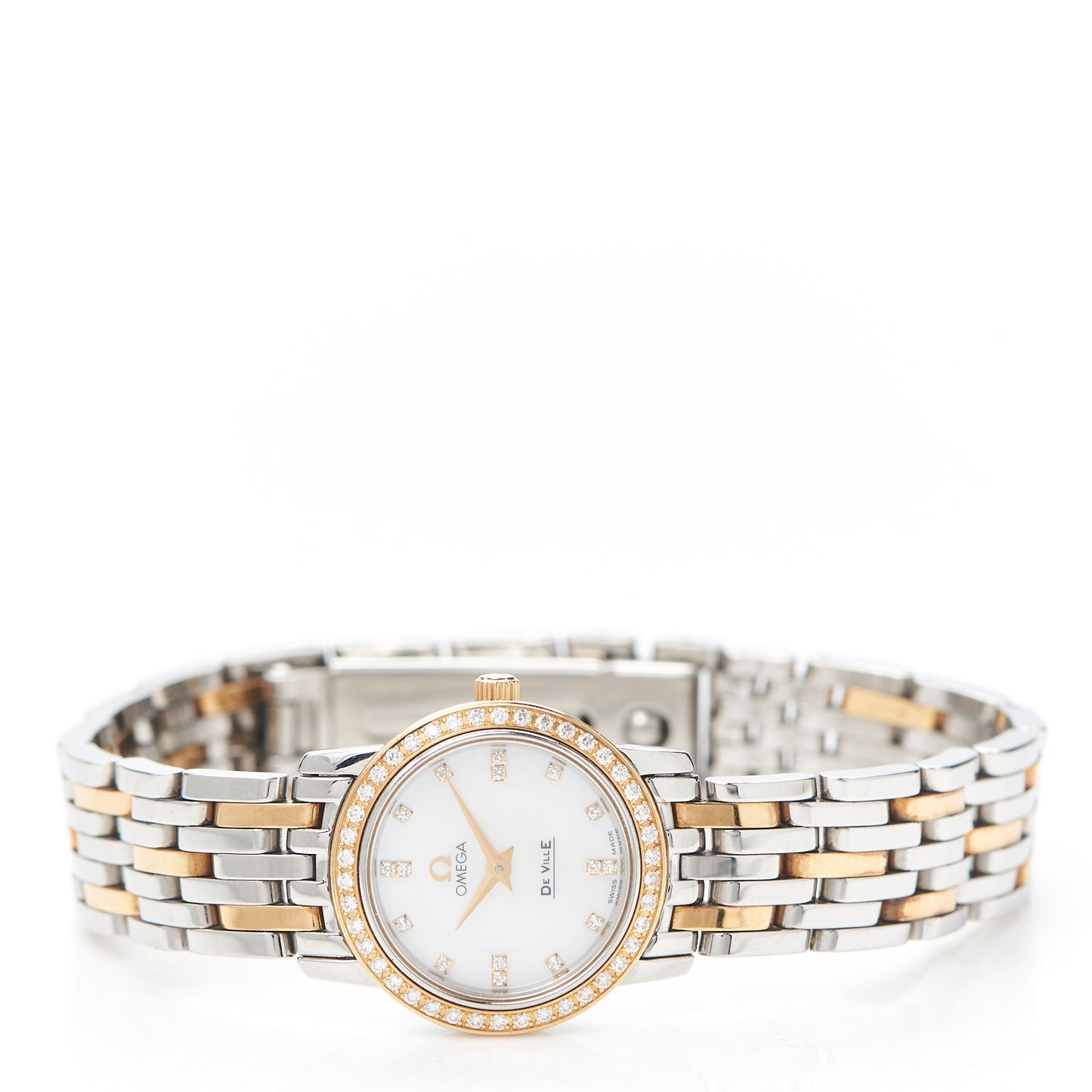 Stainless Steel 18K Yellow Gold Diamond Bezel Mother of Pearl 22mm De Ville Prestige Quartz Watch 4375.75.00