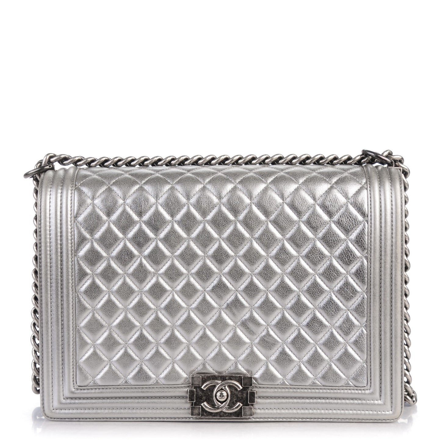 Metallic Calfskin Quilted Large Boy Flap Dark Silver
