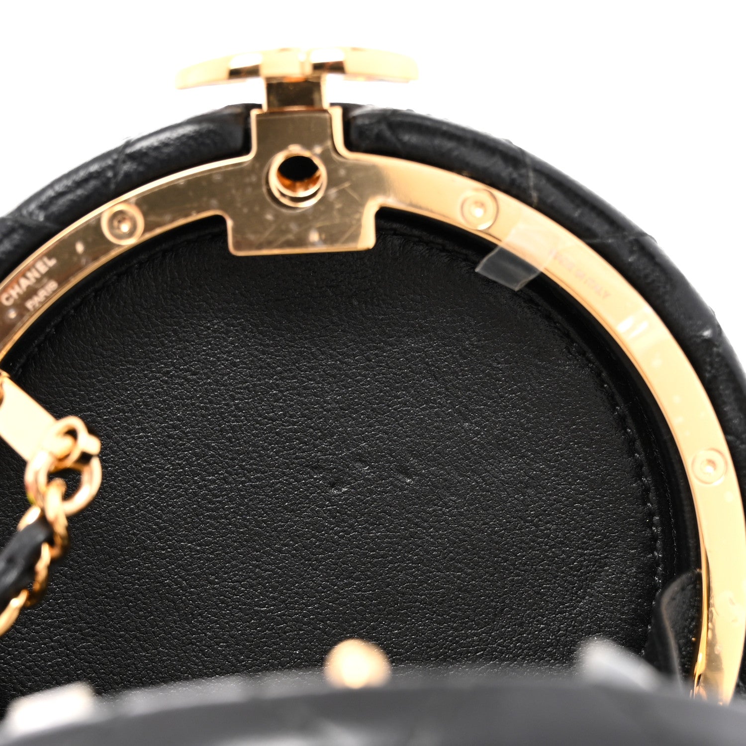 Chanel Lambskin Pearl Crystal Lion Round Minaudiere Clutch Black Gold 11 of 12