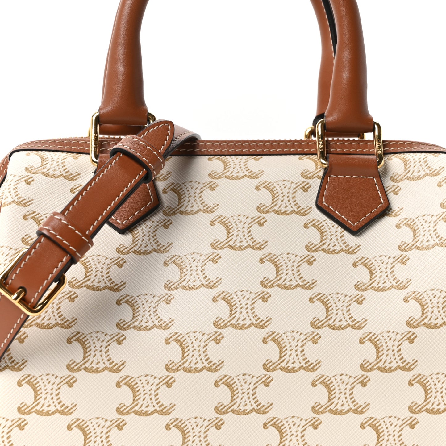 Triomphe Canvas Calfskin Small Boston Bag White
