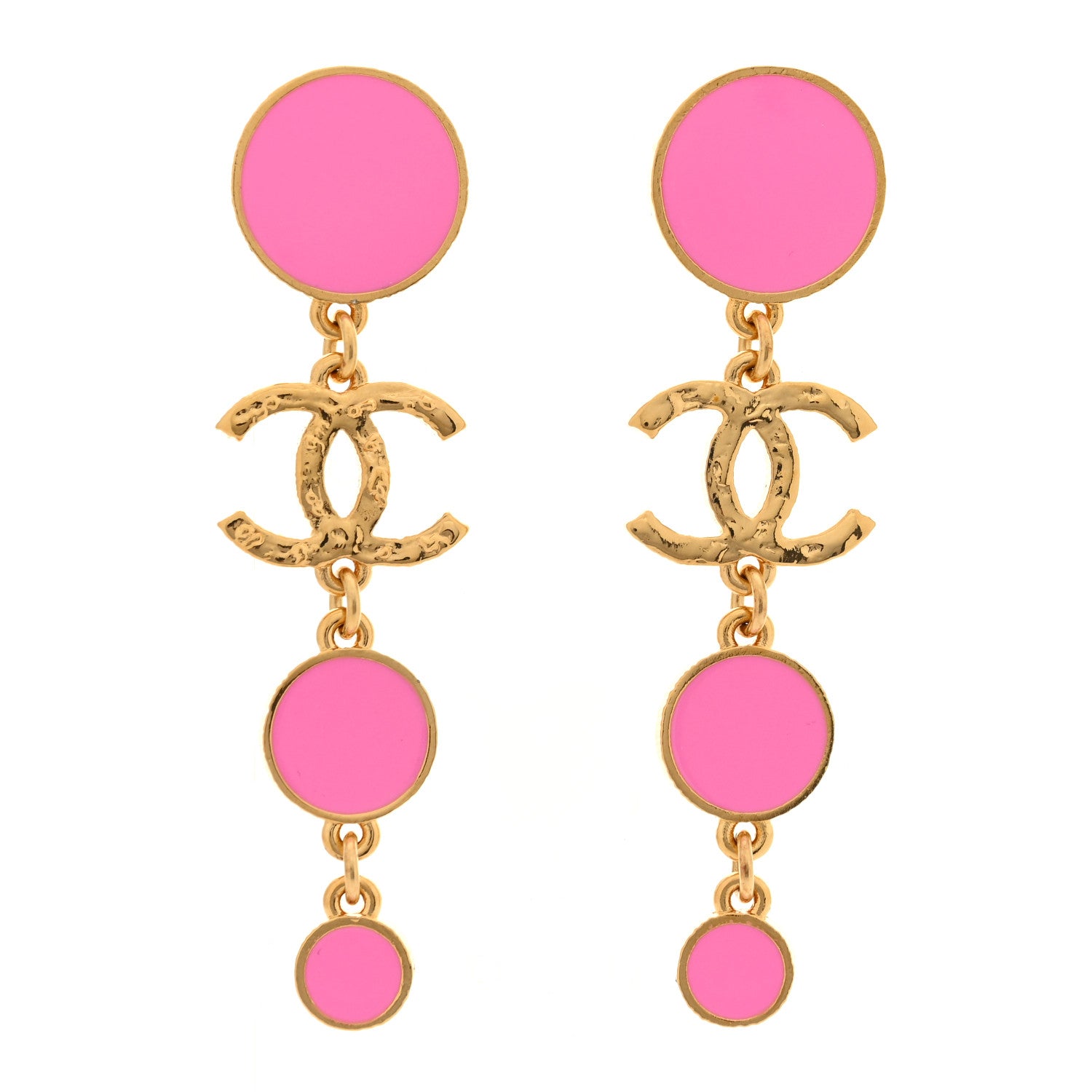 Chanel Metal Resin Disc CC Drop Earrings Gold Pink 1 of 5