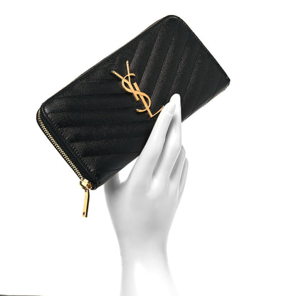 Saint Laurent Grain De Poudre Matelasse Chevron Monogram Zip Around Wallet Black 2 of 6