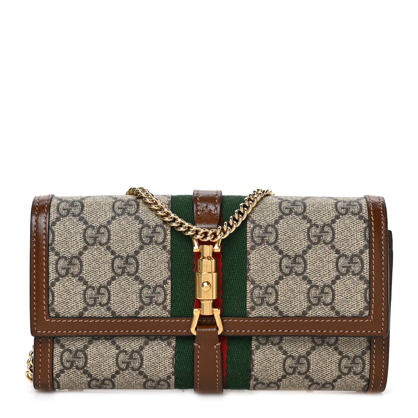 GG Supreme Monogram Azalea Calfskin Web Jackie 1961 Chain Wallet Beige Ebony Brown Sugar