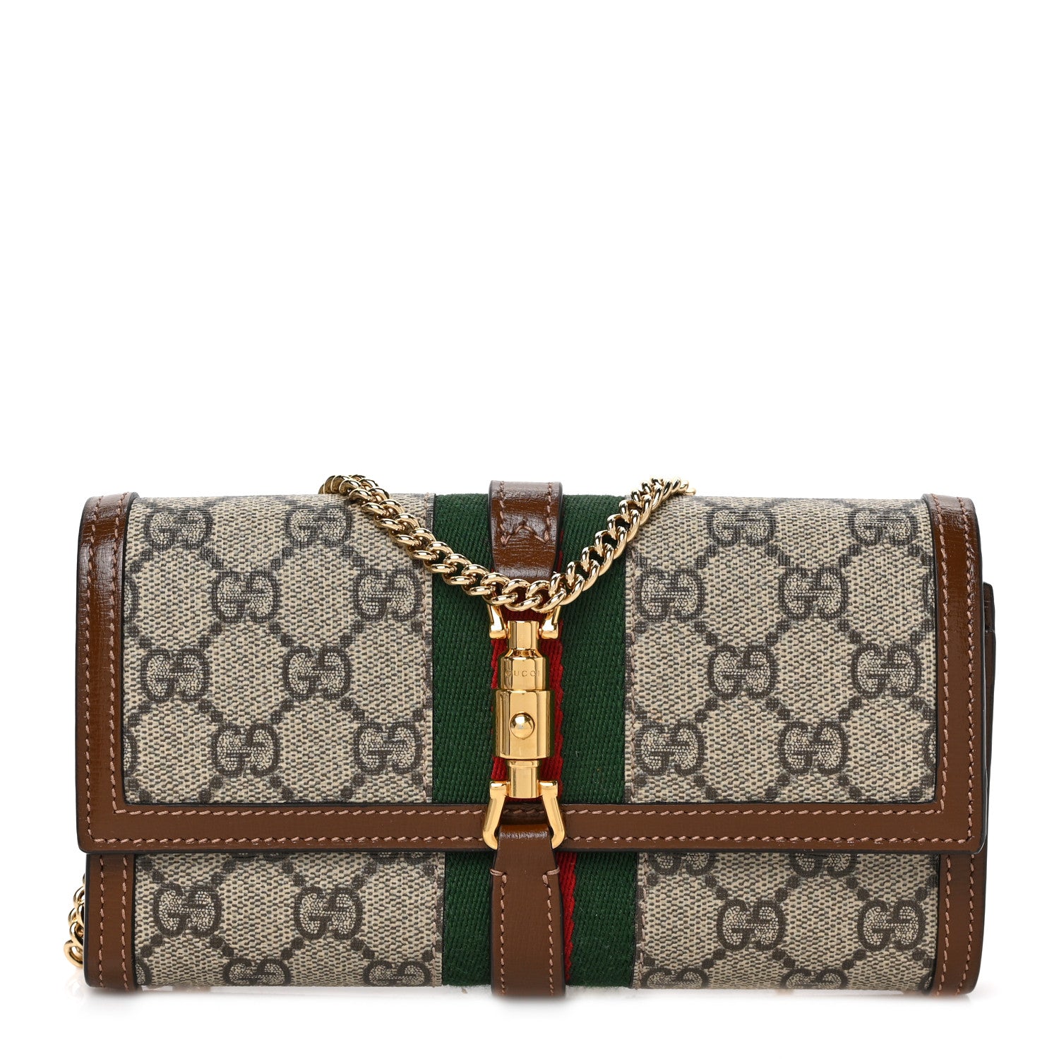 Gucci GG Supreme Monogram Azalea Calfskin Web Jackie 1961 Chain Wallet Beige Ebony Brown Sugar 1 of 9