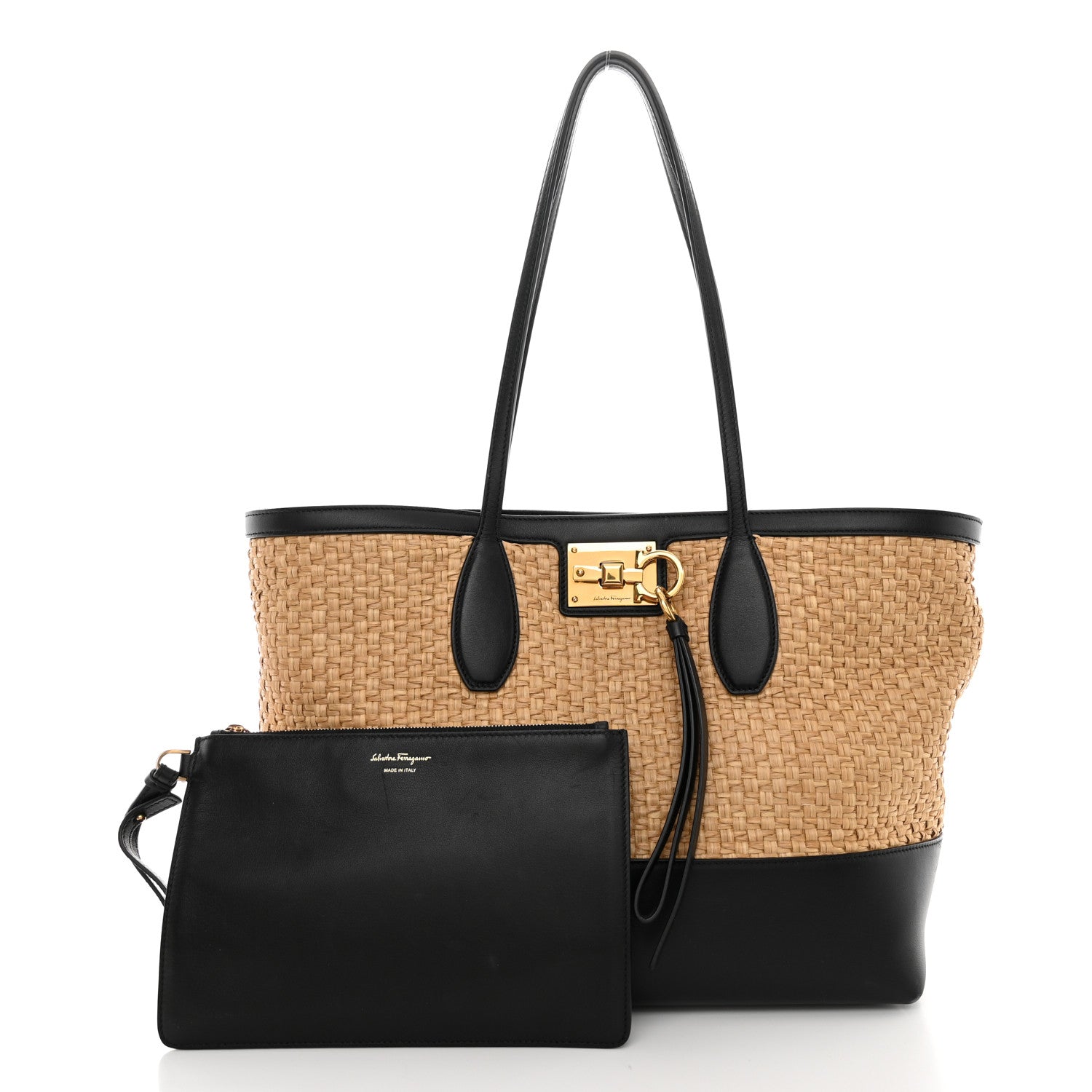 Salvatore Ferragamo Woven Raffia Calfskin The Studio Tote Beige Black 3 of 10