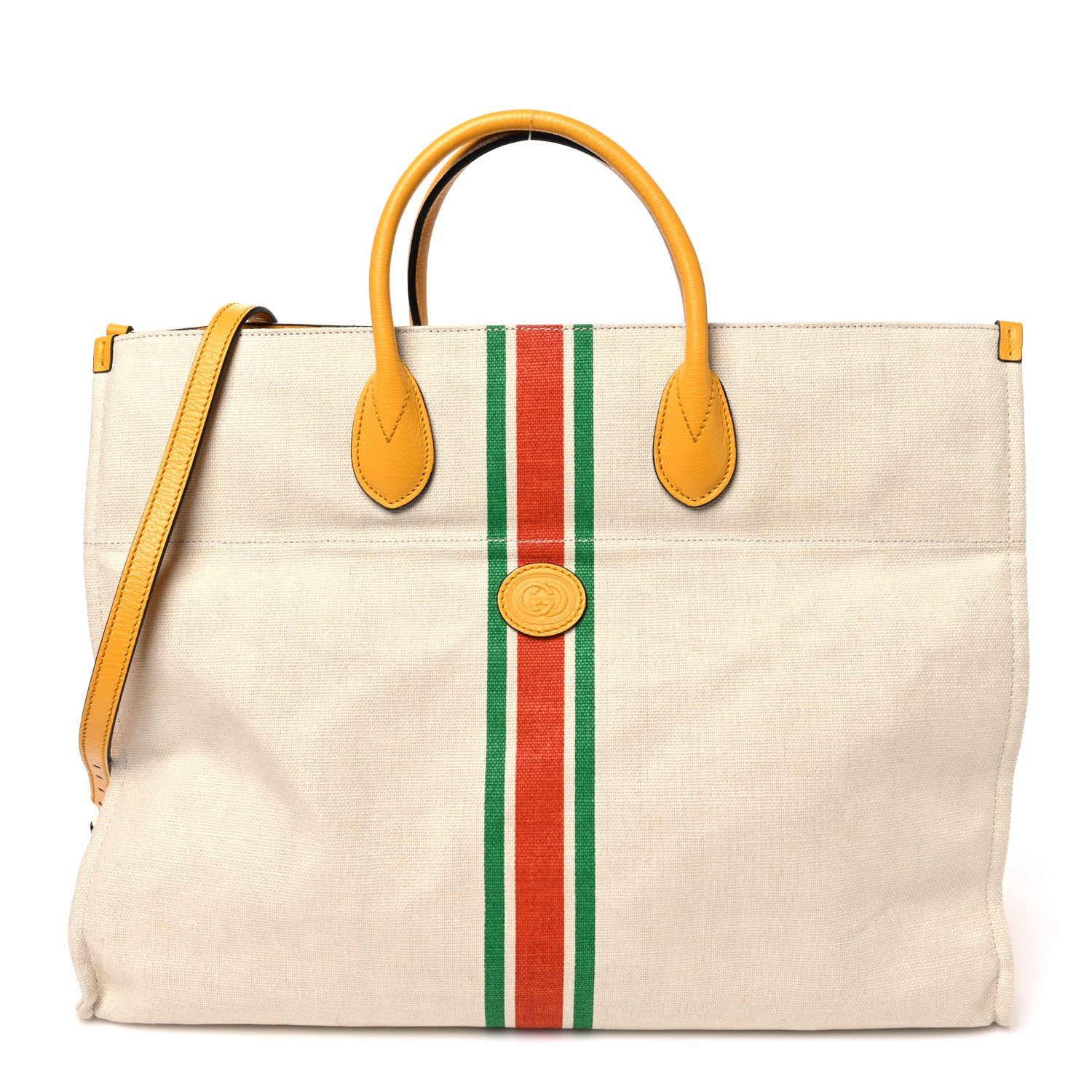 Gucci Linen Heavy Canvas Textured Dollar Calfskin Web Large Retro Interlocking G Foldable Tote Light Beige 1 of 10
