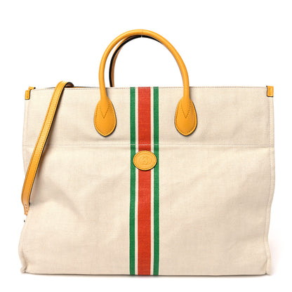 Gucci Linen Heavy Canvas Textured Dollar Calfskin Web Large Retro Interlocking G Foldable Tote Light Beige 1 of 10