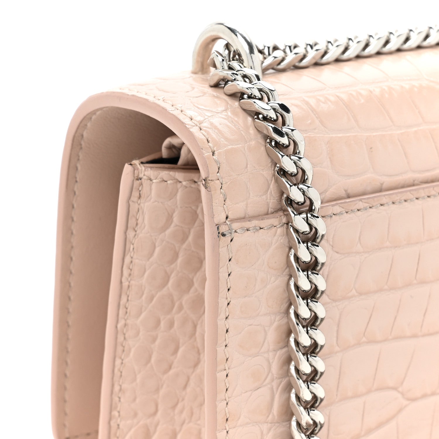 Saint Laurent Calfskin Crocodile Embossed Monogram Sunset Chain Wallet Marble Pink 13 of 19