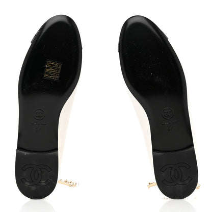 Chanel Lambskin Patent Calfskin Cap Toe Ankle Chain Ballerina Flats 37 White Black 5 of 9
