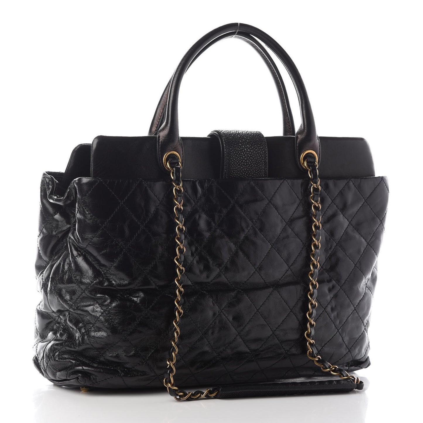 Glazed Calfskin Stingray Large Bindi CC Tote Black
