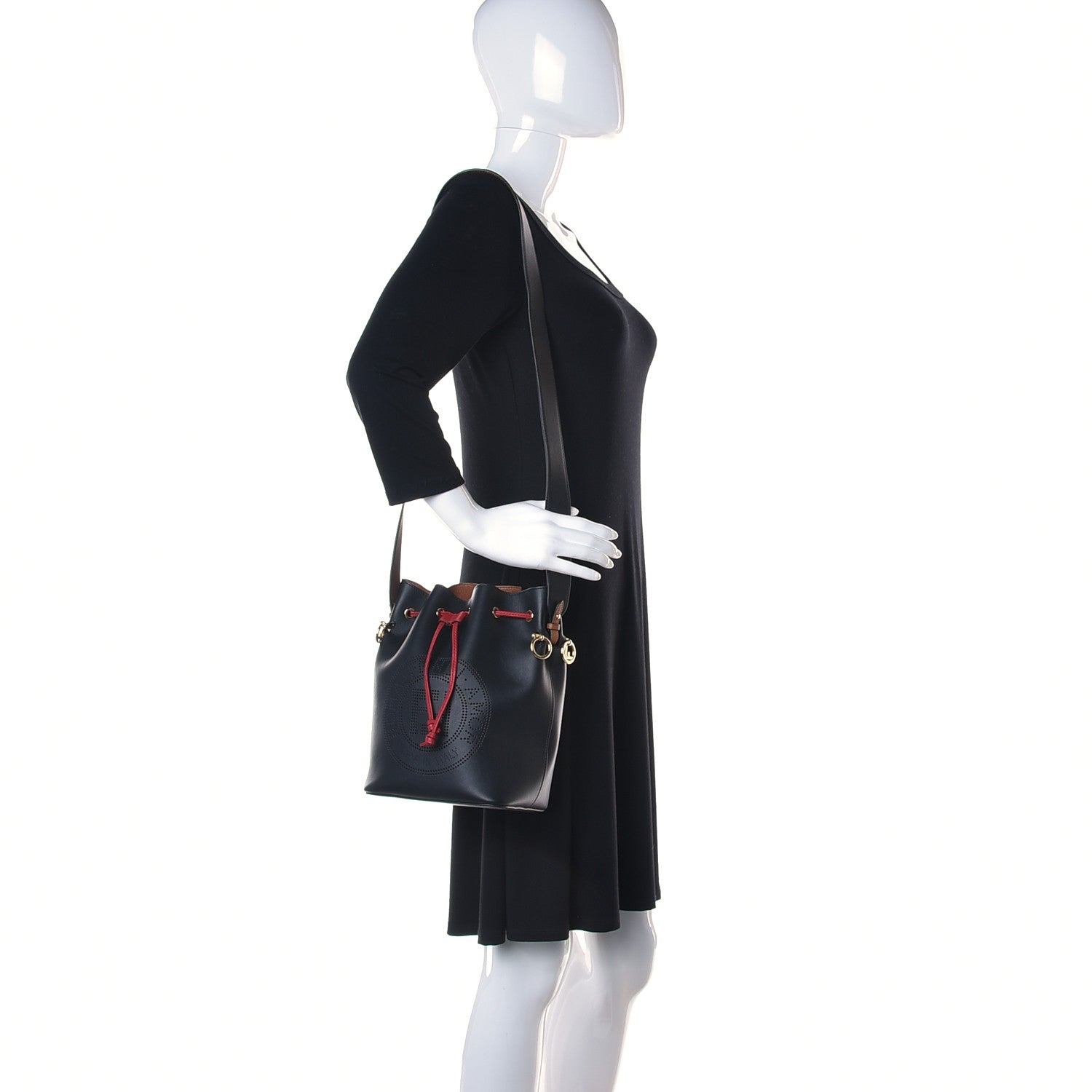 Fendi Vitello Grace F is Fendi Stamp Patch Perforated Small Mon Tresor Bucket Bag Black 2 of 9
