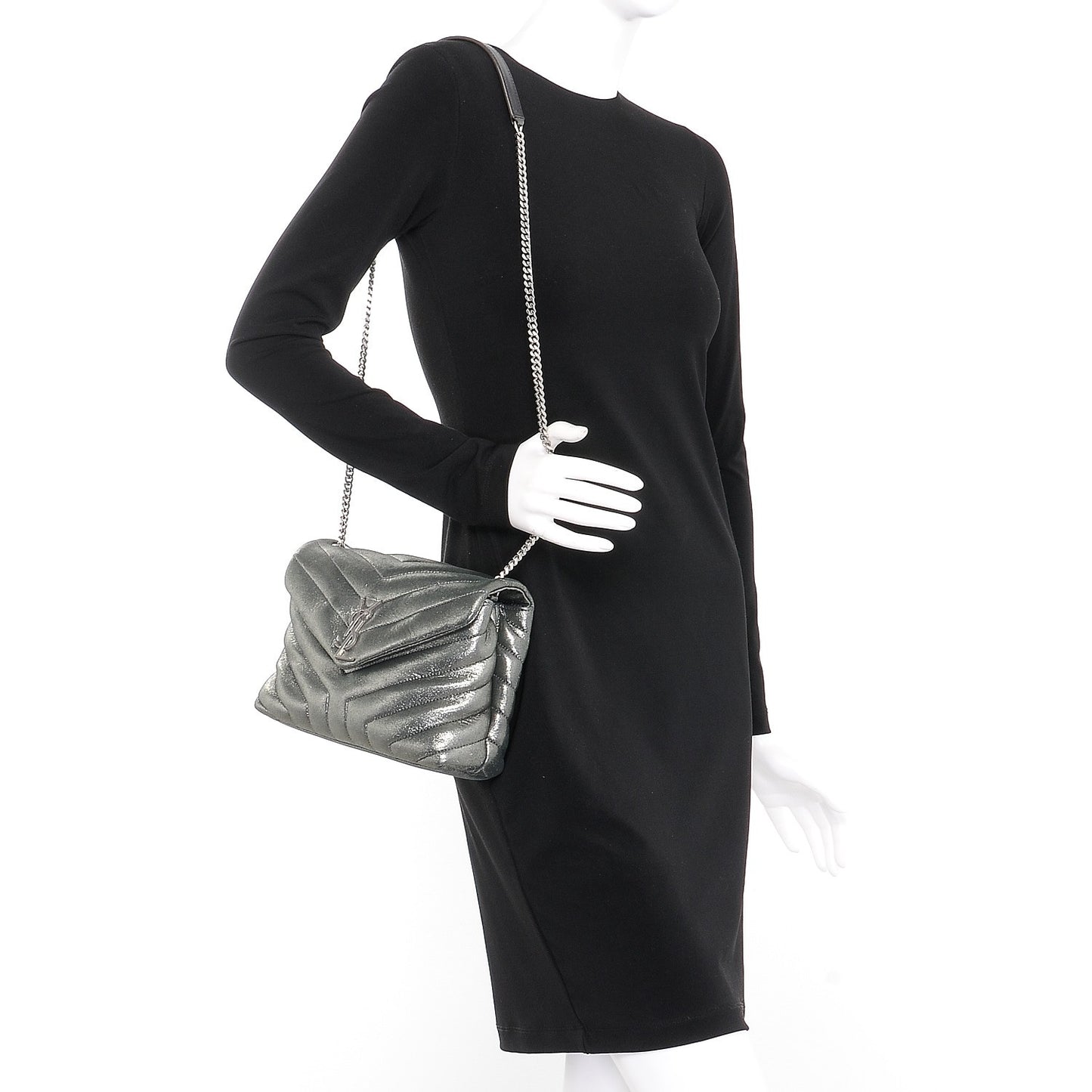 Metallic Calfskin Y Calfskin Monogram Small Loulou Chain Satchel Dark Grey