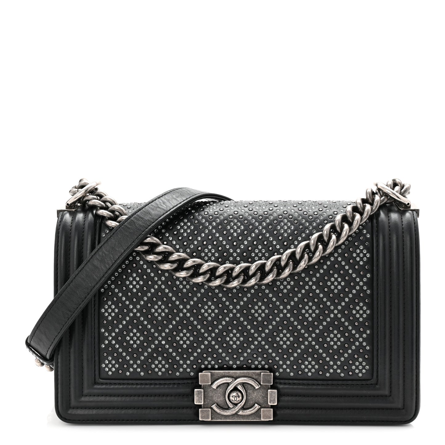 Calfskin Crystal Studded Quilted Medium Boy Flap  Black