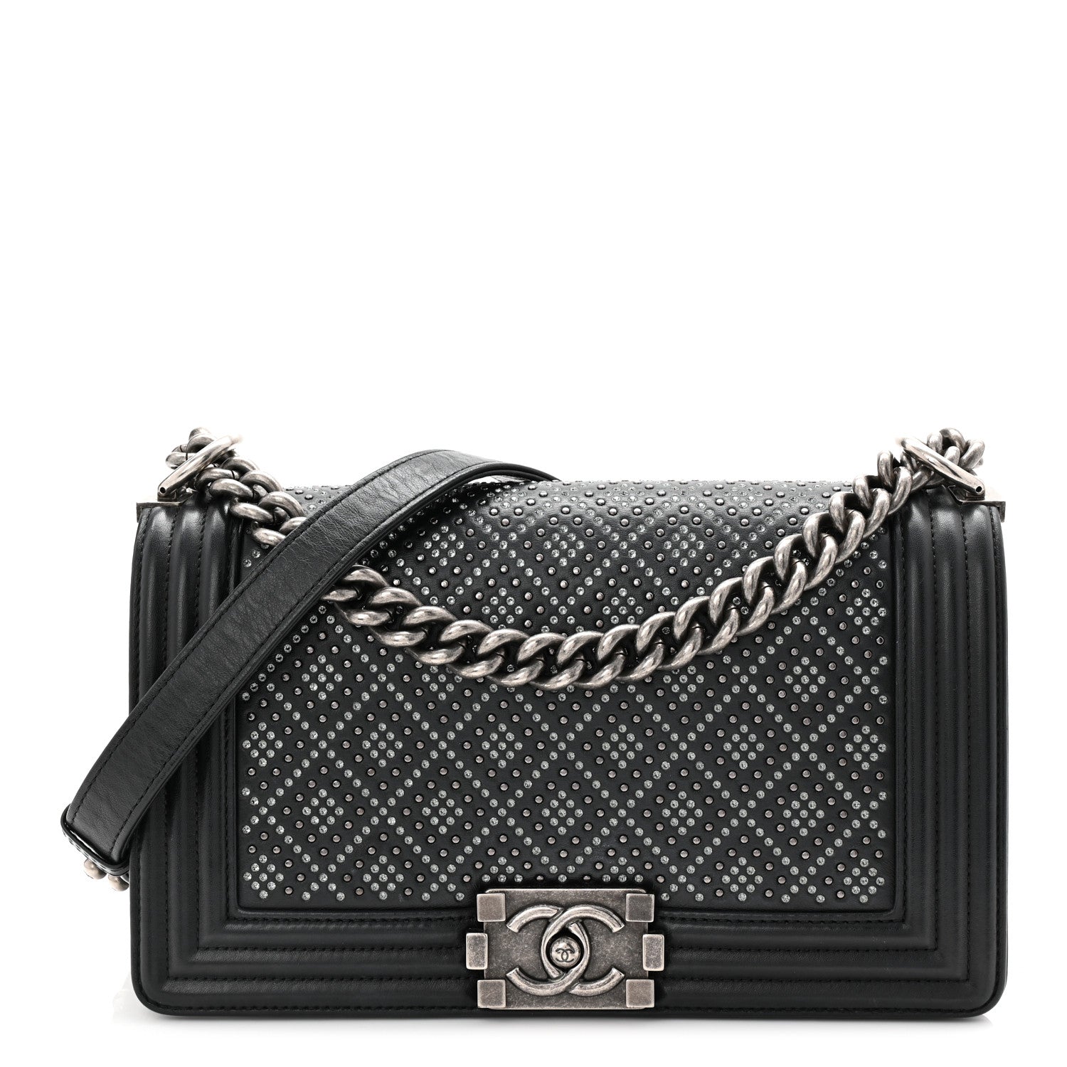 Chanel Calfskin Crystal Studded Quilted Medium Boy Flap  Black 1 of 10