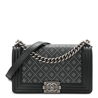 Chanel Calfskin Crystal Studded Quilted Medium Boy Flap  Black 1 of 10