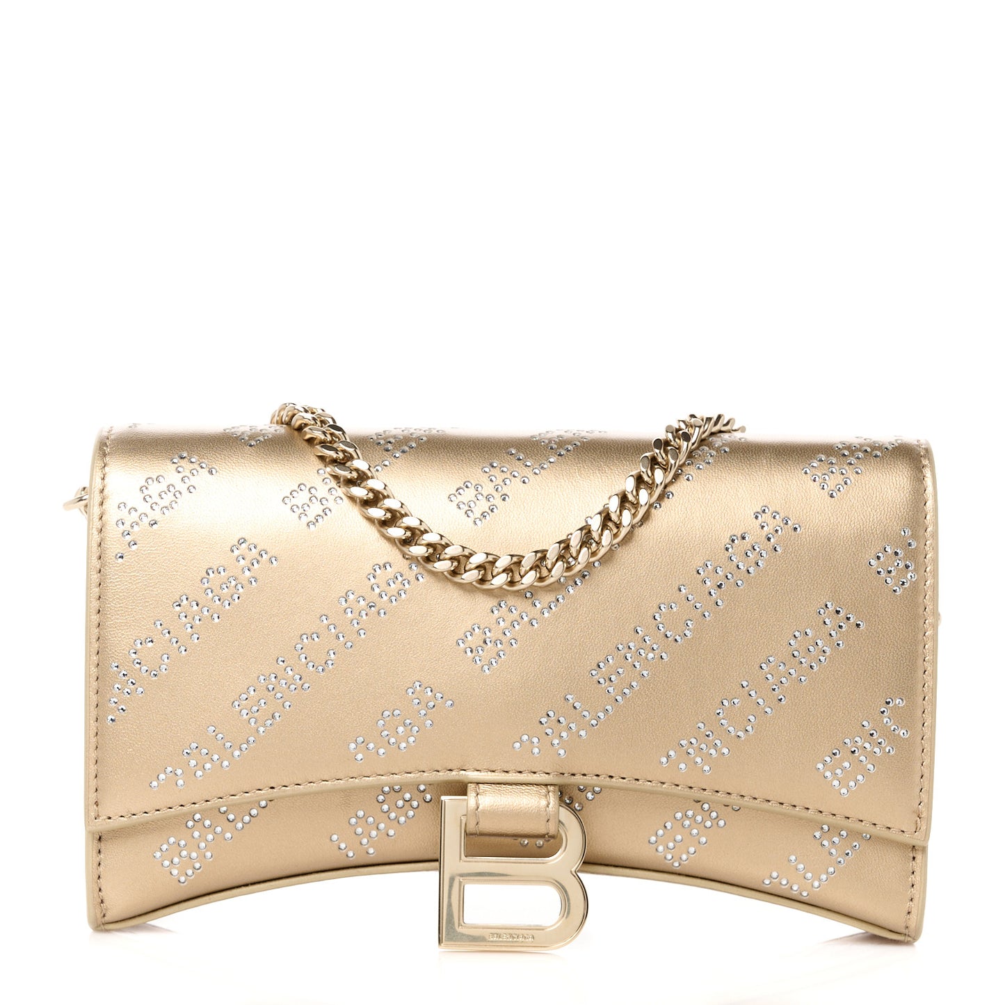 Metallic Smooth Calfskin Crystal Diagonal Allover Logo Hourglass Wallet Light Gold Crystal