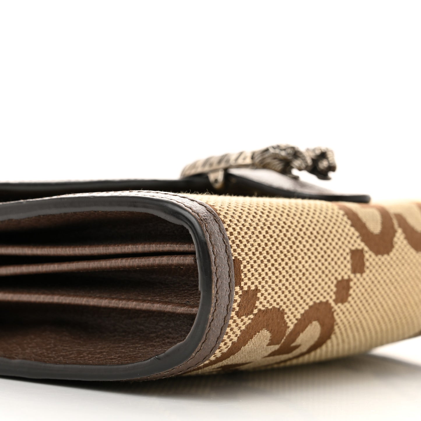 Monogram Jumbo GG Textured Dollar Calfskin Mini Dionysus Chain Wallet Camel Ebony New Acero