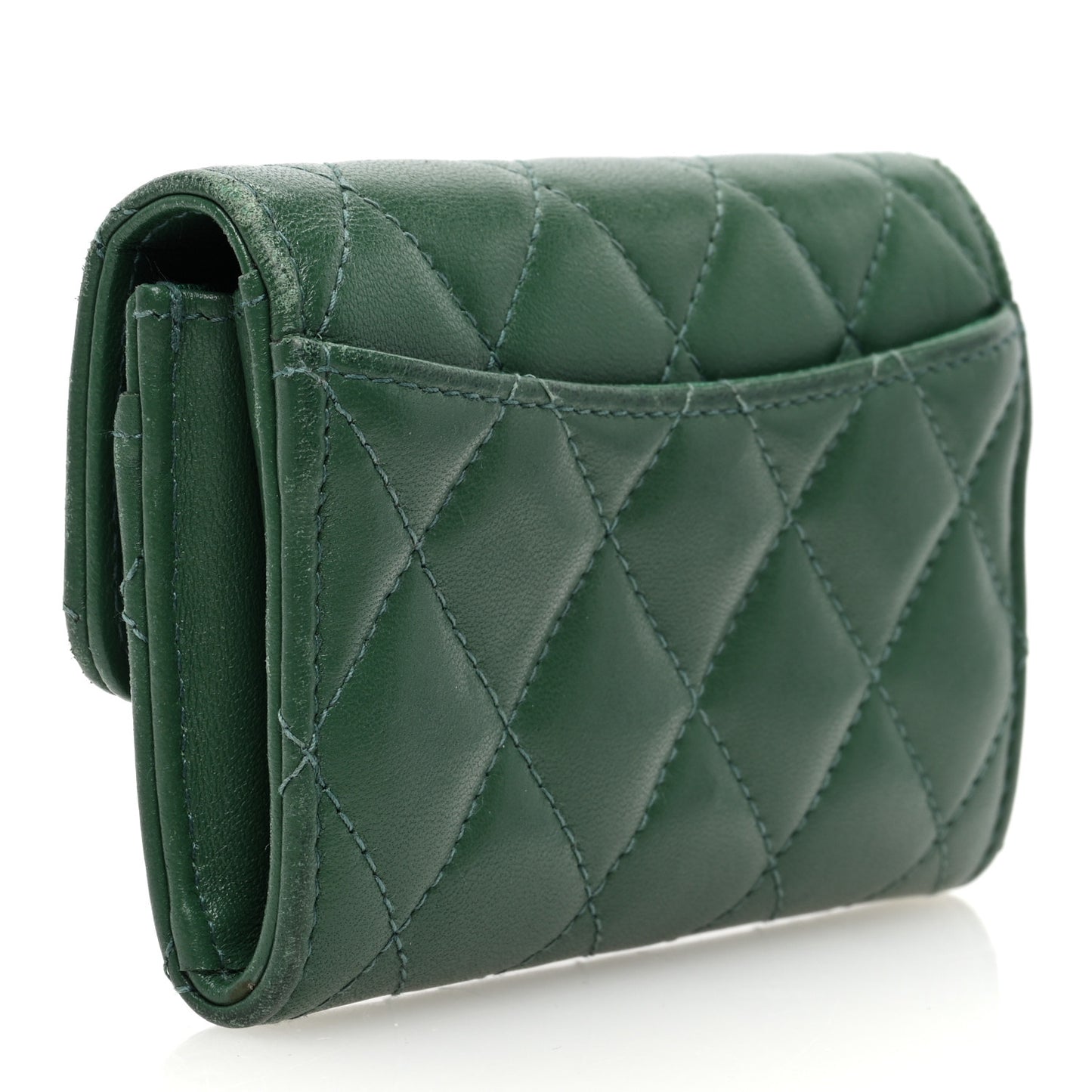 Lambskin Quilted Flap Card Holder Wallet Green